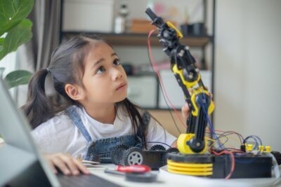 Stem,Education,Concept.,Asian,Young,Girl,Learning,Robot,Design.
