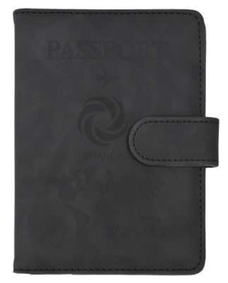 Black RFID passport wallet with "Citanex" logo, airplane icon, and world map design on the cover