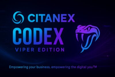 Citanex CodeX Viper Edition cybersecurity branding with glowing viper logo and gradient blue-purple design