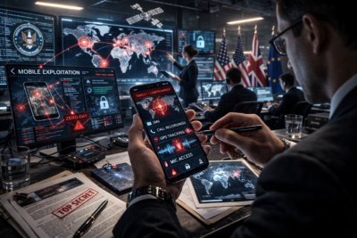 Nation-state cyber intelligence operators conducting mobile phone interception and surveillance using advanced cyber exploitation tools and global monitoring systems
