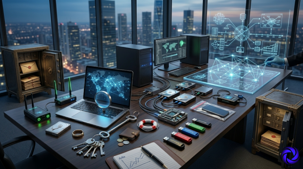 High-angle illustrated photograph of a forensic investigation workspace on a dark executive desk in a high-rise office at night. Items include a laptop displaying a global network map, a desktop tower, multiple hard drives, colorful USB drives, circuit boards, cables, a safe with sealed envelopes, a set of keys, a ring, a wallet with coins, a notebook labeled data, a router, a life ring, and a gloved hand interacting with a holographic data diagram on a transparent screen. City skyline visible through floor-to-ceiling windows. Blue and teal tones throughout. Citanex AI Digital Forensic Reviews.