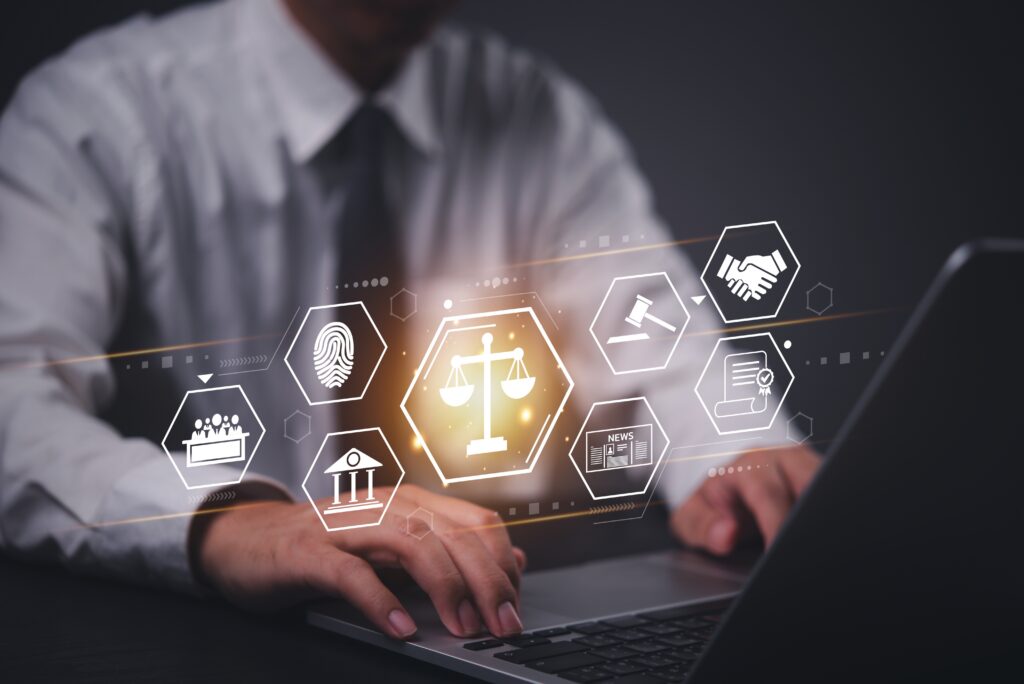 Split illustration contrasting traditional legal proceedings with digital forensic investigation. Left panel shows two attorneys in conversation in a law library, with a judge's gavel, scales of justice, and legal texts in a warm, classical setting. Right panel shows forensic analysts in a high-tech data center environment with server racks, a large magnifying glass, digital evidence cubes, encrypted data blocks, and a digital scale of justice, rendered in teal and blue. A bridge connects both scenes, representing the intersection of legal strategy and digital forensics. Citanex AI Digital Forensic Reviews.