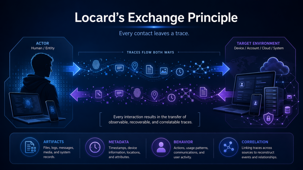 Diagram of Locard’s Exchange Principle applied to digital forensics, showing traces exchanged between a human actor and a target digital environment through devices, accounts, cloud systems, artifacts, metadata, behavior, and correlation.