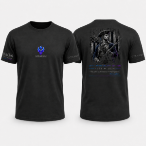 Front and back view of the SERAPHIM 250th Anniversary Edition black shirt featuring the SERAPHIM phoenix logo, Revolutionary-era patriot artwork, and 1776–2026 anniversary design.