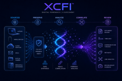 XCFI Digital Forensics and e-Discovery workflow showing digital evidence sources, preservation, analysis, correlation, review, metadata, timelines, and data synthesis.