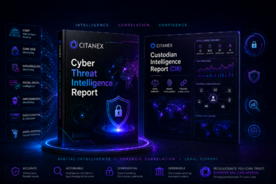 Citanex cyber threat intelligence and custodian intelligence reports showing OSINT, dark web monitoring, breach monitoring, risk indicators, forensic correlation, and legal support reporting.