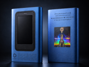Citanex Ouroboros self-encrypting secure drive in metallic blue, shown from the front and rear.